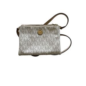 Michael Kors Womens White Tan Monogram Coated Canvas and Leather Crossbody Bag